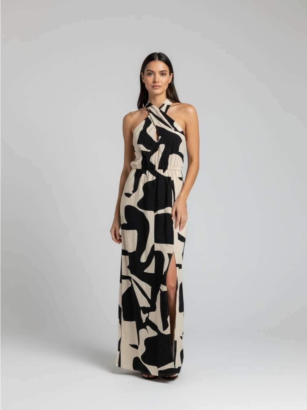 New INVITEE Black & Cream Abstract Halter Maxi Dress Size Small